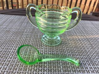 Vintage Uranium Green Glass Vaseline Two Handle Jelly Bowl & Spoon Dipper Euc