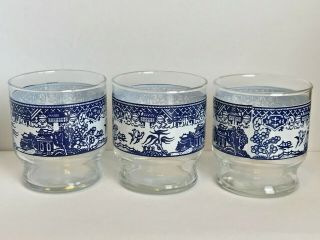 Three Vintage Blue Willow Beverage Glasses Stackable Tumblers Hazel Atlas