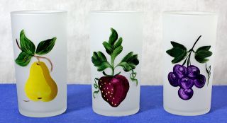 Three (3) Federal Glass Frosted Tumbler Glasses With Hand Painted Fruit