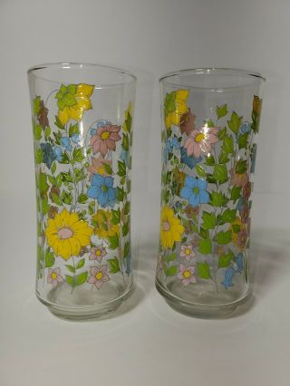 Set Of 2 Vintage Libbey Pink,  Yellow,  Blue,  Green,  Daisey Flower Drinking Glasses