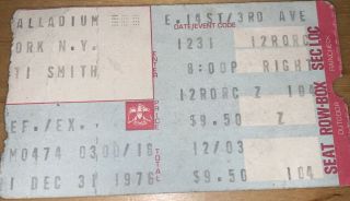 1976 Patti Smith Television John Cale 12/31 Palladium Nyc Concert Ticket Stub
