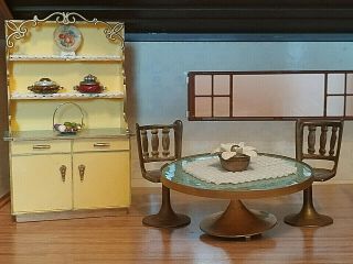 Vintage Petite Princess Patti Dollhouse Miniature Kitchen Hutch Cabinet & Table