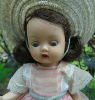 Vintage 1950s 8 " Walker Nasb Muffie Doll Brown Eyed Brunette In Pink Dress & Hat