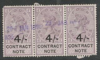Queen Victoria - 4/ -.  Lilac - Contract Note - - Strip Of 3