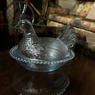 Vintage Blue Depression Glass Chicken Hen On Nest Covered Candy Dish