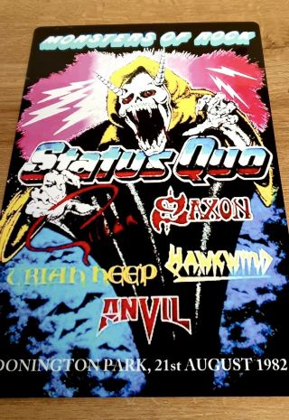 1982 Monsters Of Rock Castle Donington Status Quo Saxon.  8x12 Inch Metal Sign