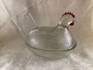 Vintage Indiana Glass Clear Hen On Nest With Red Comb And Wattle