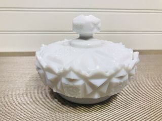 Westmoreland White Milk Glass Old Quilt Lidded Dish,  Bowl With Sticker
