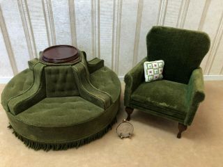 Dollhouse Miniature Vintage 2 Pc.  Round Hotel Green Couch & Chair W/pillow 1:12