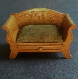 Antique German Dollhouse Miniature Wooden Carved Couch With Drawer Circa 1880’s