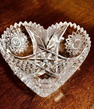 Abp Brilliant Period Cut Crystal Heart Shaped Dish Star,  Buttons,  Hobstar 6x5”
