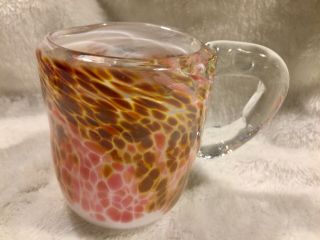 Hand Blown Art Glass Pink Gold Mug 4” Tall Euc