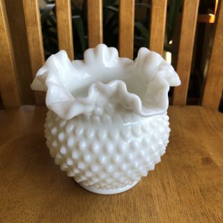 Vintage Fenton 5  White Milk Glass Hobnail Round Flared Ruffled Vase