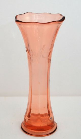 Vintage Pink Depression Glass Etched Vase Leaf Pattern