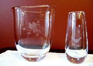Vintage Orrefors Crystal Art Glass Vases (2) Etched Birds