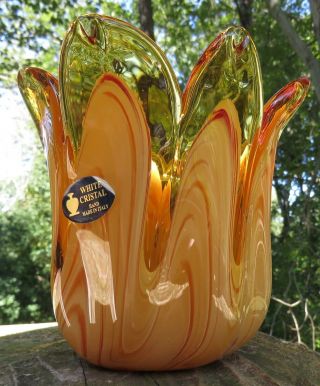 White Cristal Murano Glass Amber Tulip Vase With Swirled Patterns In Each Petal