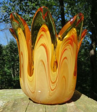 White Cristal murano glass amber tulip vase with swirled patterns in each petal 2