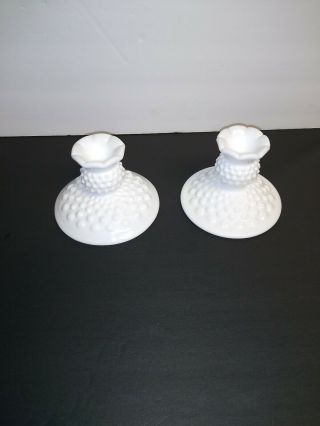 Fenton Hobnail White Milk Glass Candle Stick Holders 3.  5 " Set Of 2 Vintage