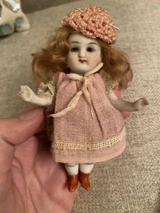 Antique German 4.  25” All Bisque Doll Pale Bisque Glass Eyes Antique Dress