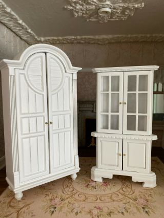 Vintage Miniature Dollhouse Pair White Wood And Glass Display & Corner Cabinets