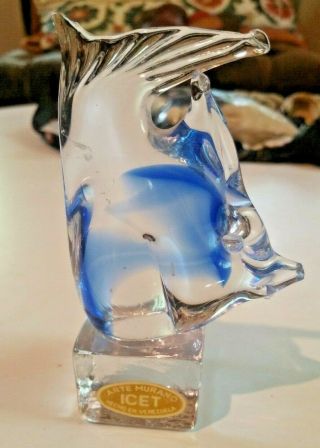 Vintage Arte Murano Icet Fish Blue In Clear Glass