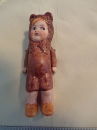 Antique German Bisque Dollhouse Doll Small Child Dressed As A Bear Jointed Arms