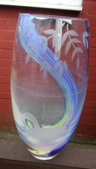 Vintage Caithness Glass Vase Swirl Of Colours With Etched Swan On Front