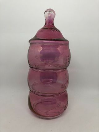 Princess House Cranberry Pink 3 - Tier Stacking Etched Crystal Candy Dish