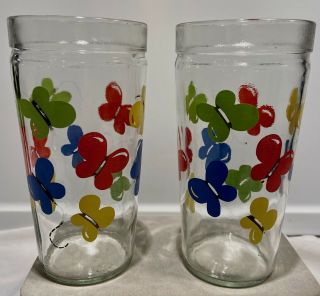 Vintage Anchor Hocking 16 Oz.  Set Of 2 Jelly Jar Style Tumblers - Butterfly Design