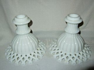 Vintage Milk Glass Candle Holder Set Of 2 With Criss Cross Designs