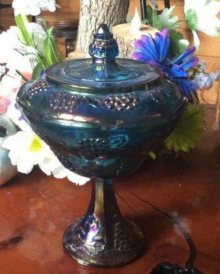 Indiana Iridescent Blue " Harvest Grape " Carnival Glass Large Covered Compote