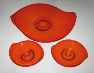 Viking Orange Red Console Bowl With 2 Candle Holders Mid - Century