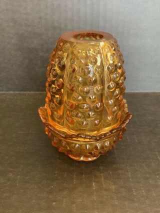 Vintage Fenton Hobnail Glass Amber Fairy Lamp Light 2 Piece Candle Holder