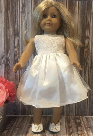 My American Girl Doll Caroline Blonde Hair Blue Eyes White Lace Dress And Shoes