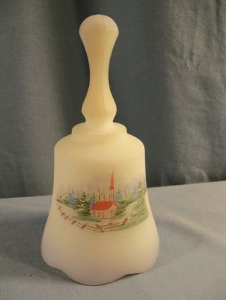 Fenton Hand Painted Satin Glass Bell W/ Church Scene - Fenton Museum Numbers