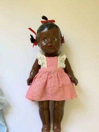 Antique Black Composition Baby Doll With Side Glancing Eyes,  Topsy Doll 16” Doll