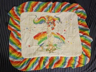 Vintage Rainbow Brite Ruffle Sham Pillow Case Twin Poly Cotton Blend Bedding 80s