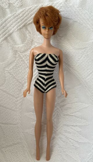 Vintage Mattel Titian Red Hair Side Part Bubble Cut Barbie Doll & Zebra Swimsuit