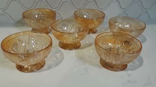 Jeannette Glass Iris And Herringbone Marigold Iridescent 6 Footed Custard Dishes