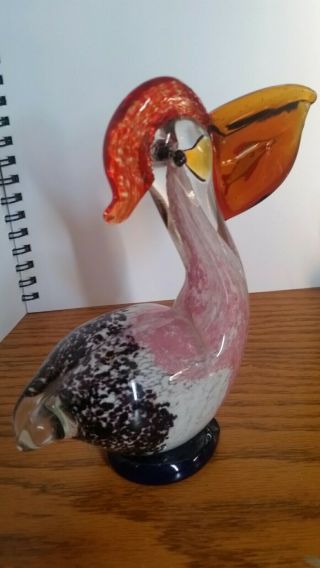 Vintage Murano Style Hand Blown Art Glass Pelican With Fish In Mouth