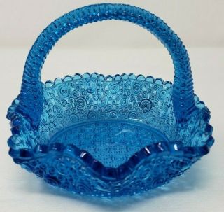 Blue Art Glass Handled Basket Circle Pattern Ruffled Textured Collectible Read