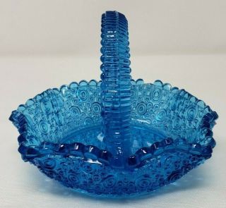Blue Art Glass Handled Basket Circle Pattern Ruffled Textured Collectible READ 2