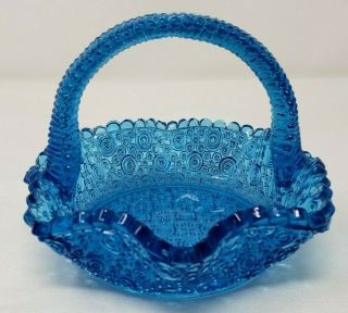Blue Art Glass Handled Basket Circle Pattern Ruffled Textured Collectible READ 3