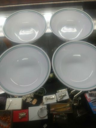 Set Of 4 Corelle Country Cottage Cereal Soup Bowls Blue Green Rim Stripe 6 1/4”