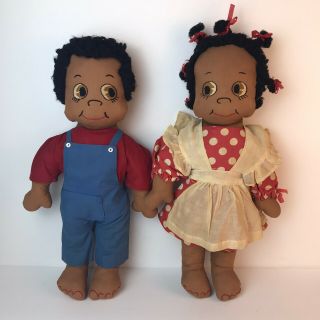 Antique Handmade African American Rag Cloth Doll Boy & Girl Dark Skin Black Hair