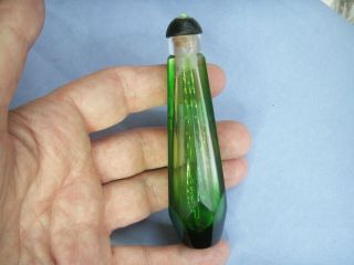 Old Vintage Elegant Fine Green Glass Faceted Scent Bottle With Ebony Stopper