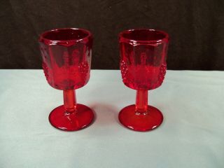 Set Of 2 Fenton For L.  G.  Wright Ruby Red Glass Paneled Grape Wine Goblets