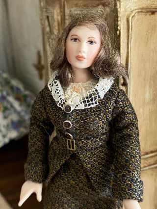 Vintage Miniature Dollhouse Artisan 1940s Style Lady Doll Wool Suit Porcelain