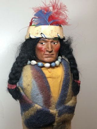12” Vintage Antique Skookums Indian Native American Male Feathers Headdress Sa
