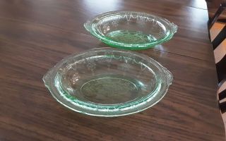 2 Green Depression Glass Oval Serving Bowls Cameo Ballerina Anchor Hocking